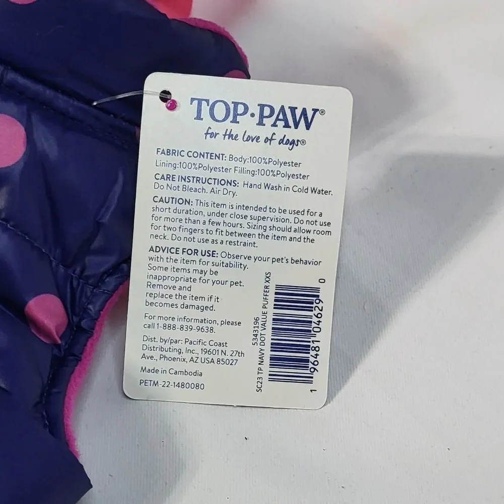 Top Paw NWT Navy Blue Polka Dot Puffer Jacket with Velcro Closure Size XXS